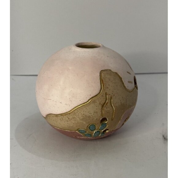 Ceramica Aljesa Tea Light Holder Mexican Art Feather Beading Gold Inlay Pottery - Picture 4 of 7